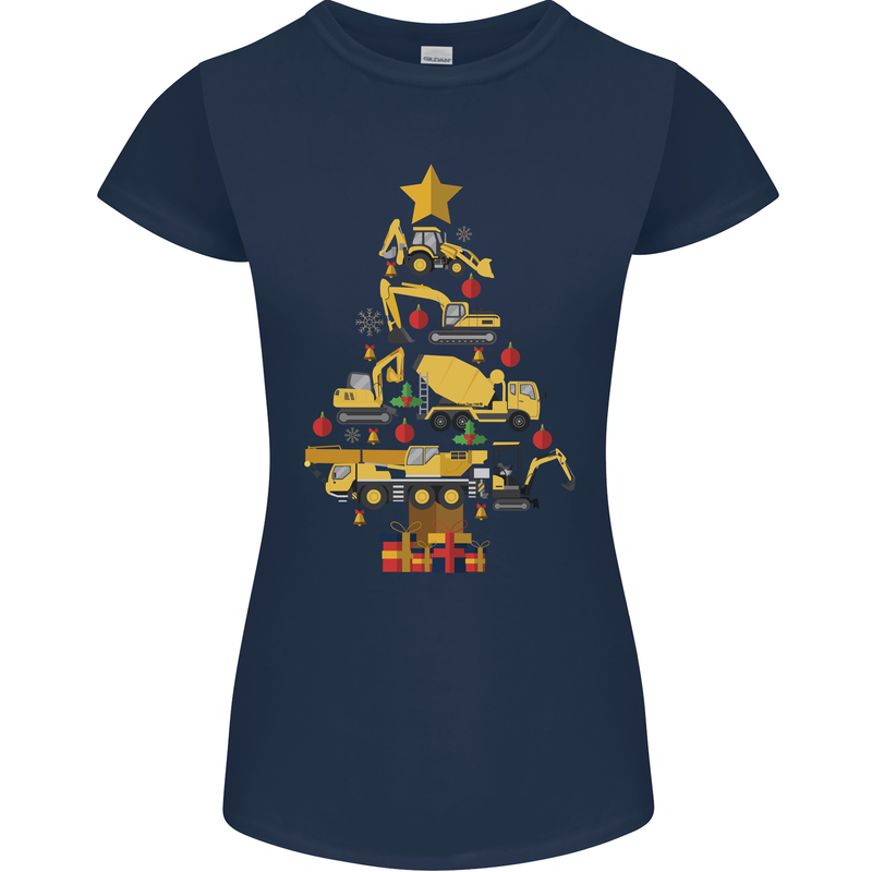 Construction Christmas Tree Digger Lorry Crane Womens Petite Cut T-Shirt Navy Blue