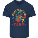 Construction Funny Building Blocks Bricks Mens V-Neck Cotton T-Shirt Navy Blue