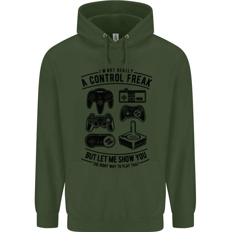Control Freak Funny Gaming Gamer Childrens Kids Hoodie Forest Green