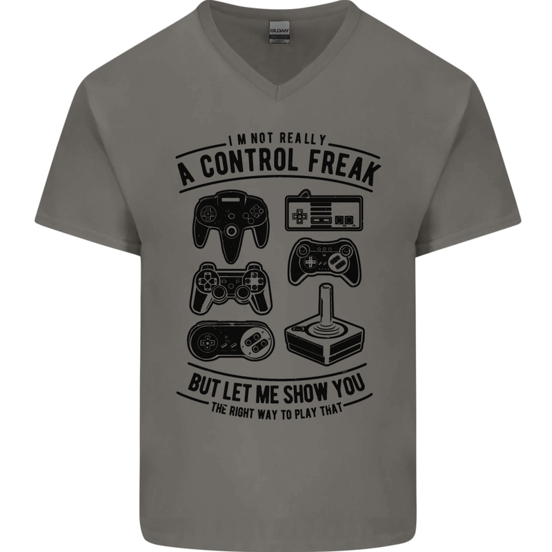 Control Freak Funny Gaming Gamer Mens V-Neck Cotton T-Shirt Charcoal