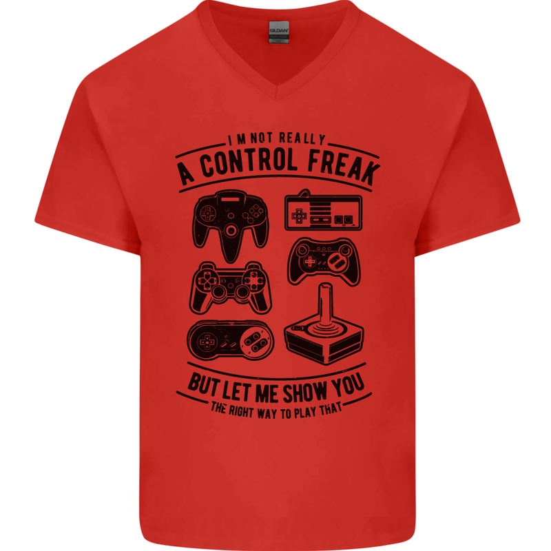 Control Freak Funny Gaming Gamer Mens V-Neck Cotton T-Shirt Red