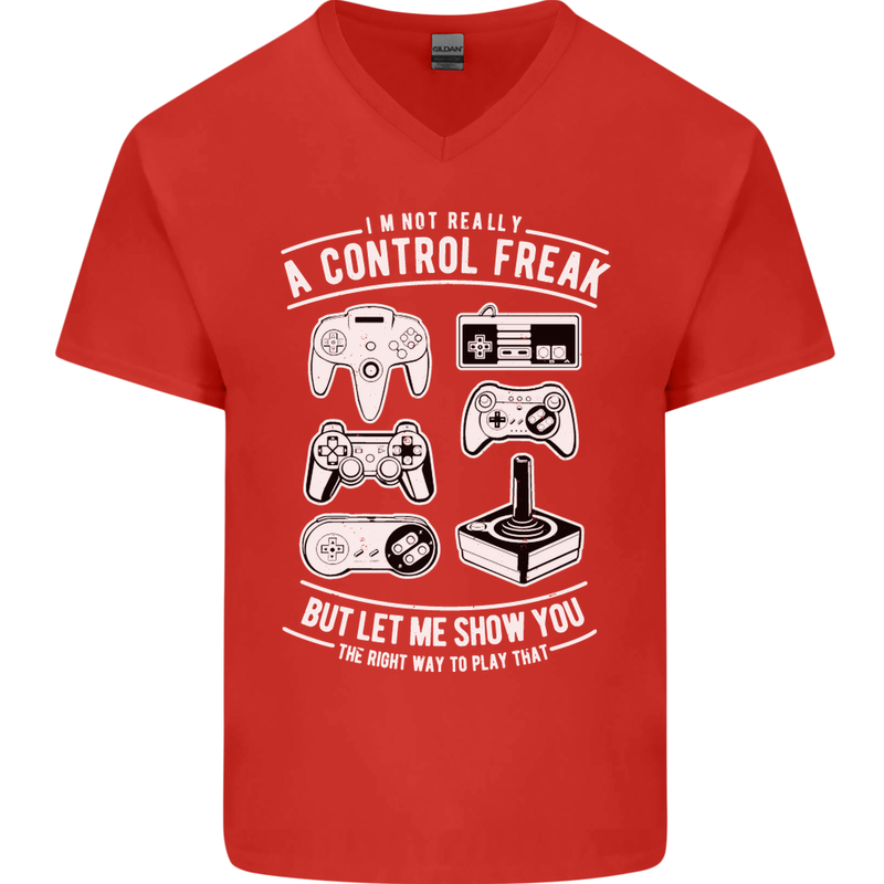 Control Freak Funny Gaming Gamer Mens V-Neck Cotton T-Shirt Red