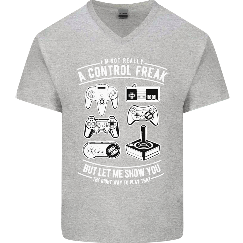 Control Freak Funny Gaming Gamer Mens V-Neck Cotton T-Shirt Sports Grey