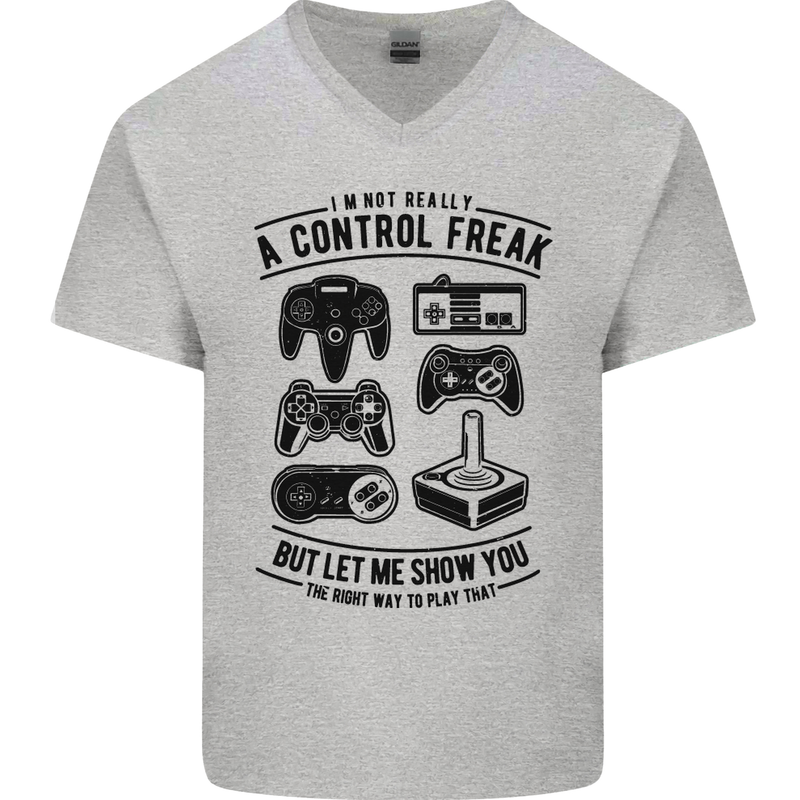 Control Freak Funny Gaming Gamer Mens V-Neck Cotton T-Shirt Sports Grey