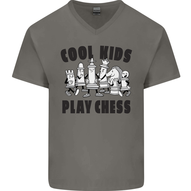Cool Kids Play Chess Funny Game Player Mens V-Neck Cotton T-Shirt Charcoal