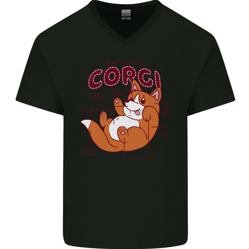 Corgi Anatomy Dog Mens V-Neck Cotton T-Shirt Black