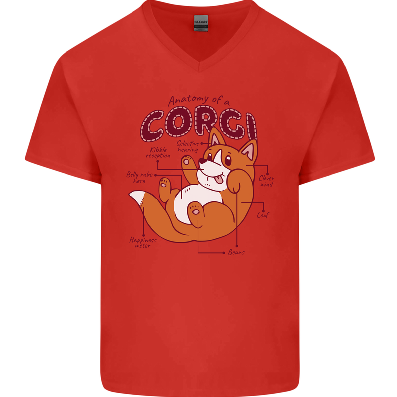 Corgi Anatomy Dog Mens V-Neck Cotton T-Shirt Red
