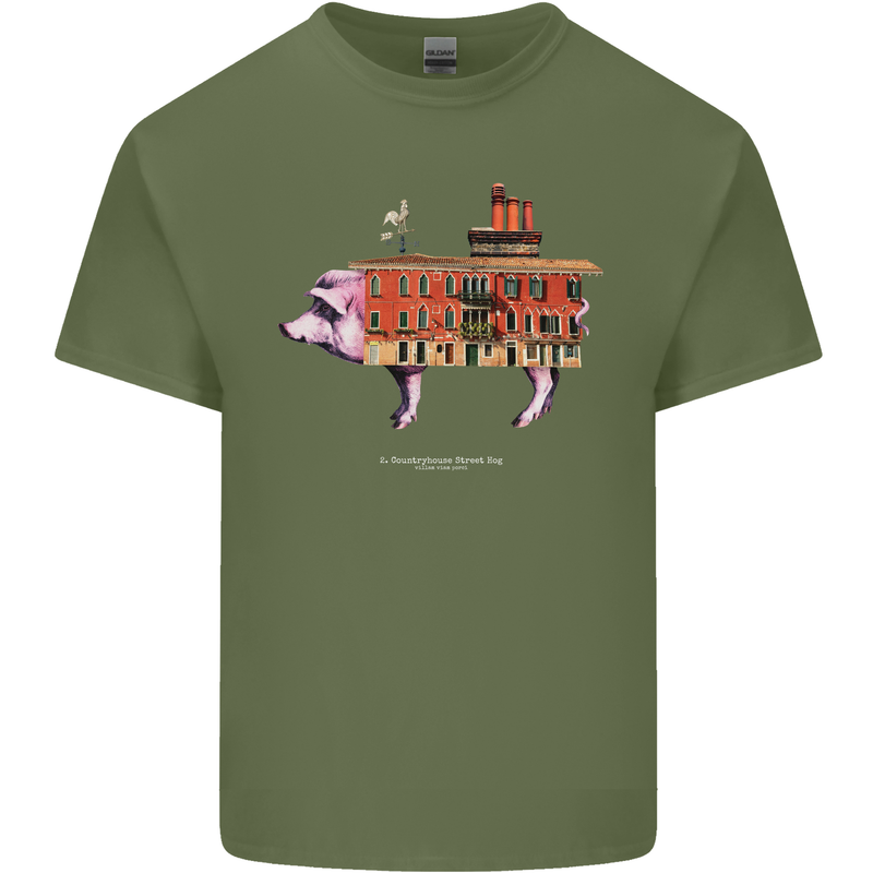 Country House Street Pig Mens Cotton T-Shirt Tee Top Military Green