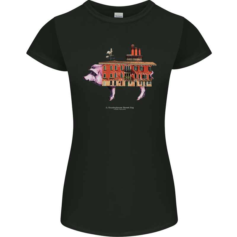 Country House Street Pig Womens Petite Cut T-Shirt Black