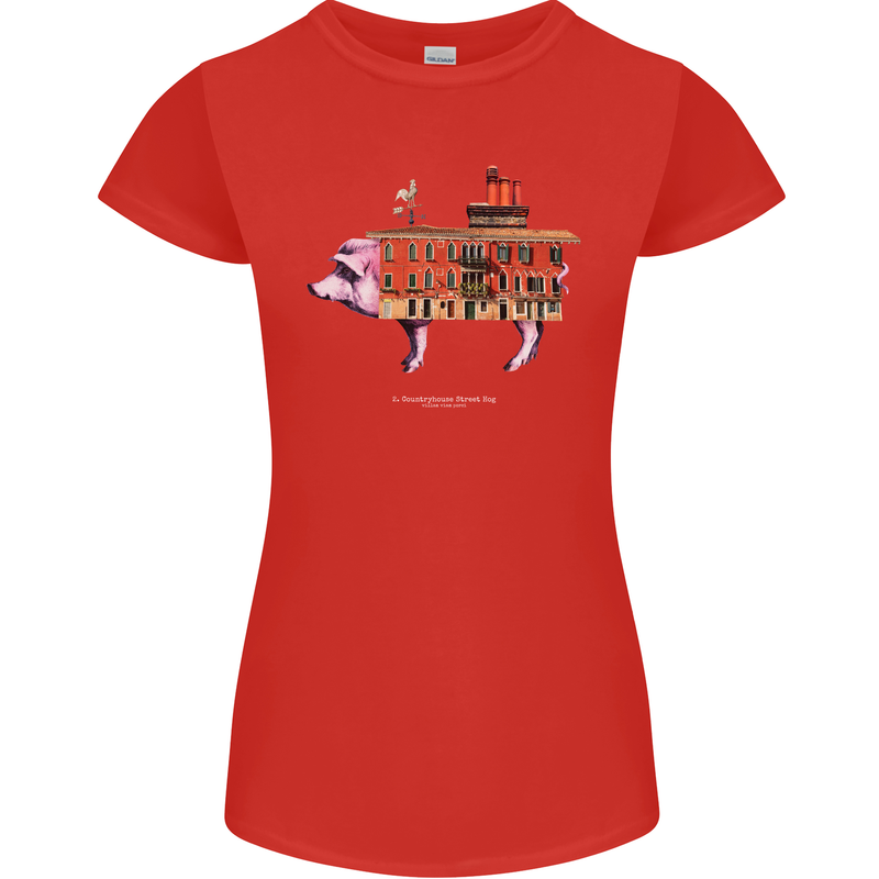 Country House Street Pig Womens Petite Cut T-Shirt Red