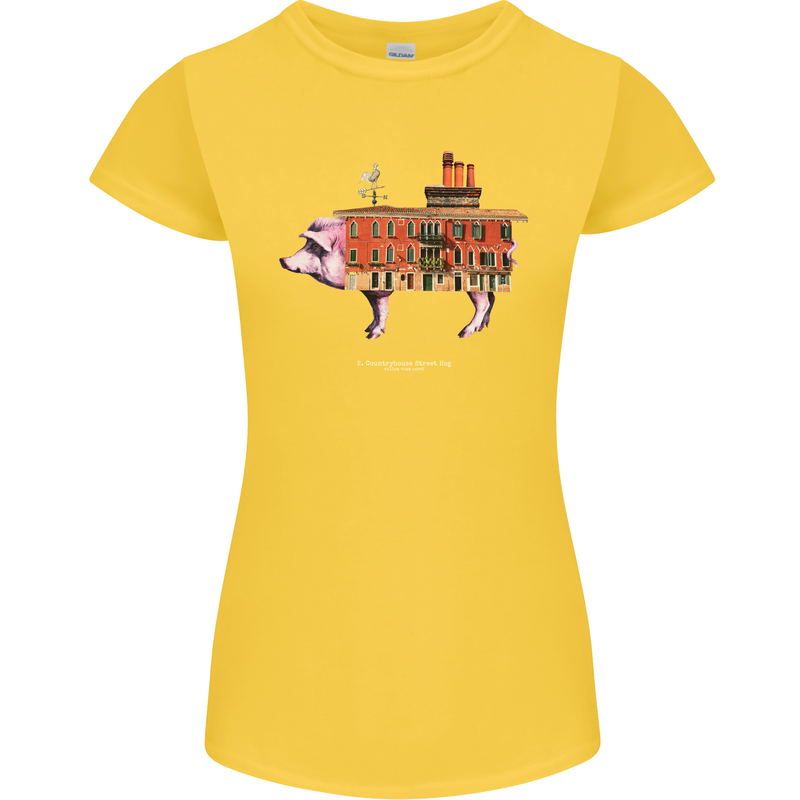 Country House Street Pig Womens Petite Cut T-Shirt Yellow