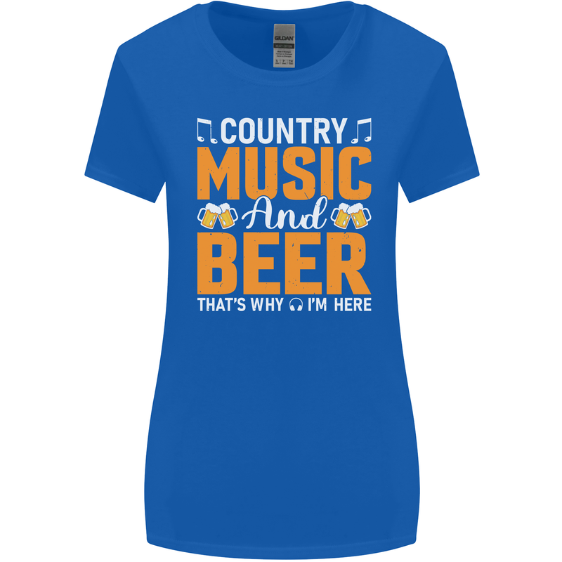 Country Music and Beer Thats Why Im Here Womens Wider Cut T-Shirt Royal Blue