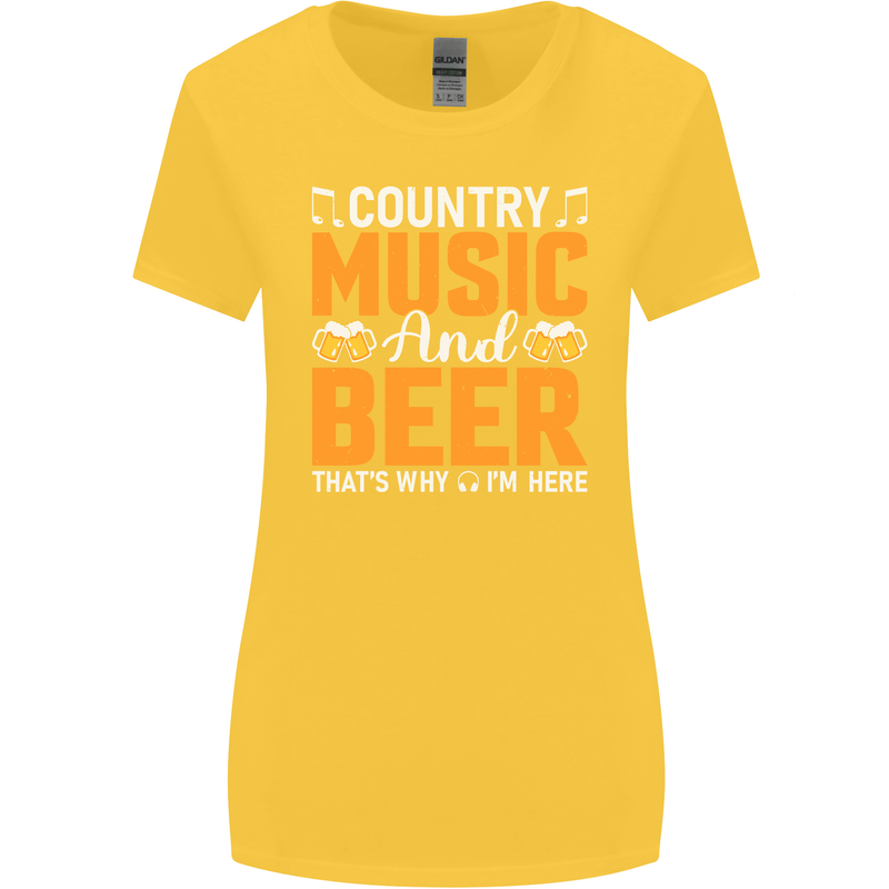 Country Music and Beer Thats Why Im Here Womens Wider Cut T-Shirt Yellow