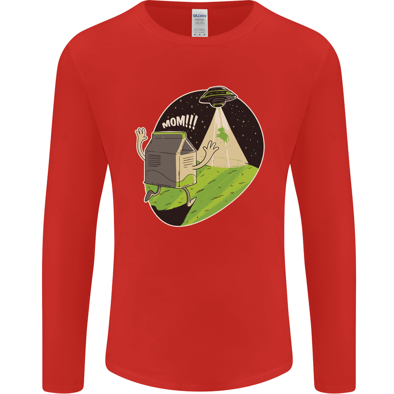 Cow Abduction Funny Alien UFO Food Mens Long Sleeve T-Shirt Red