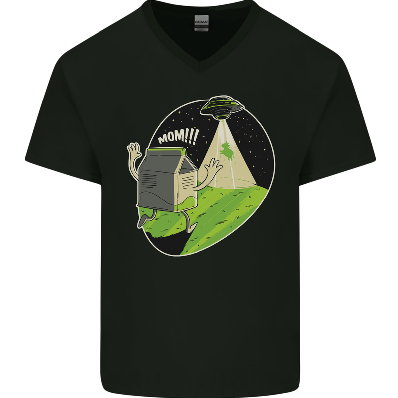 Cow Abduction Funny Alien UFO Food Mens V-Neck Cotton T-Shirt Black