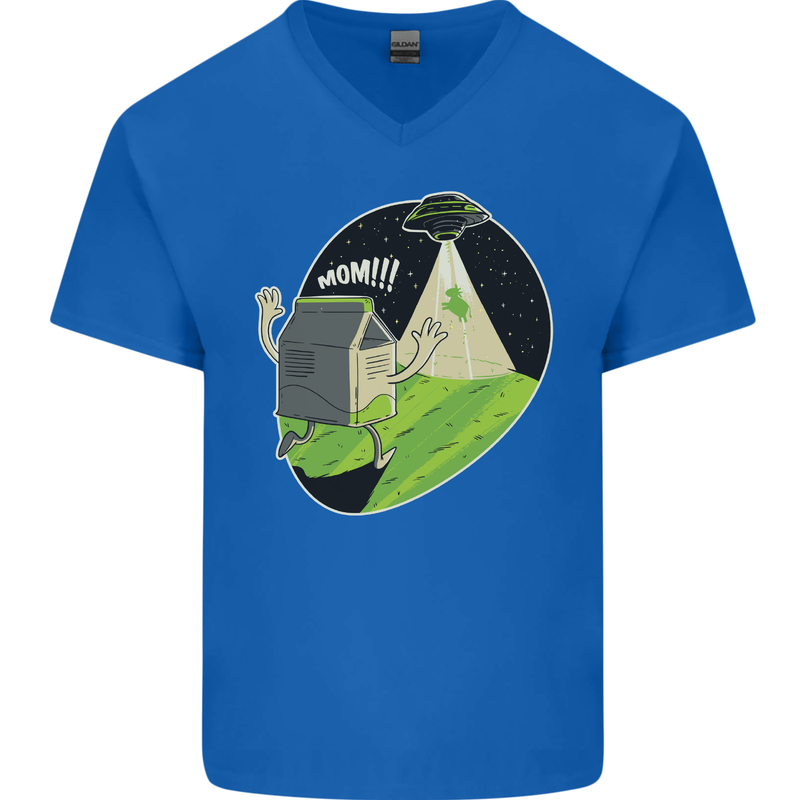 Cow Abduction Funny Alien UFO Food Mens V-Neck Cotton T-Shirt Royal Blue