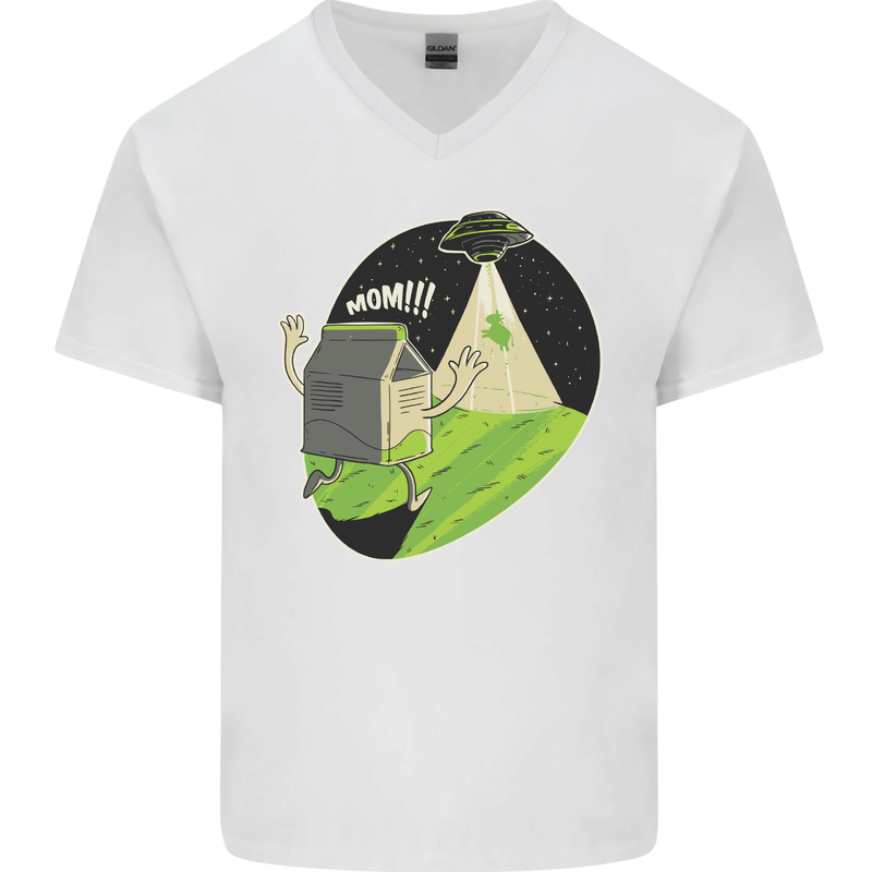 Cow Abduction Funny Alien UFO Food Mens V-Neck Cotton T-Shirt White