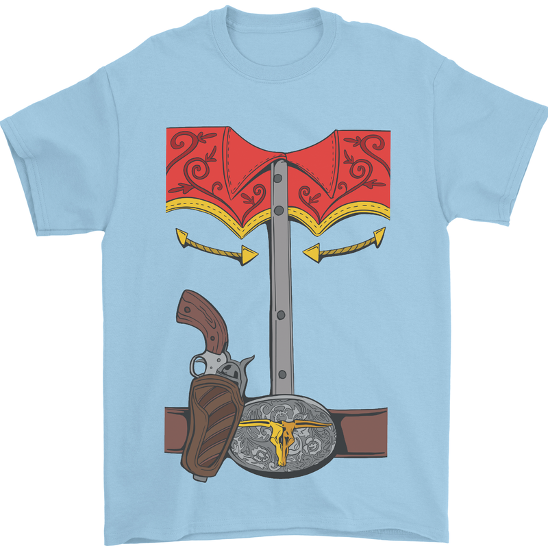 Cowboy Fancy Dress Costume Outfit Stag Do Mens T-Shirt Cotton Gildan Light Blue