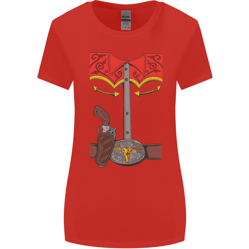 Cowboy Fancy Dress Costume Outfit Stag Do Womens Wider Cut T-Shirt Red