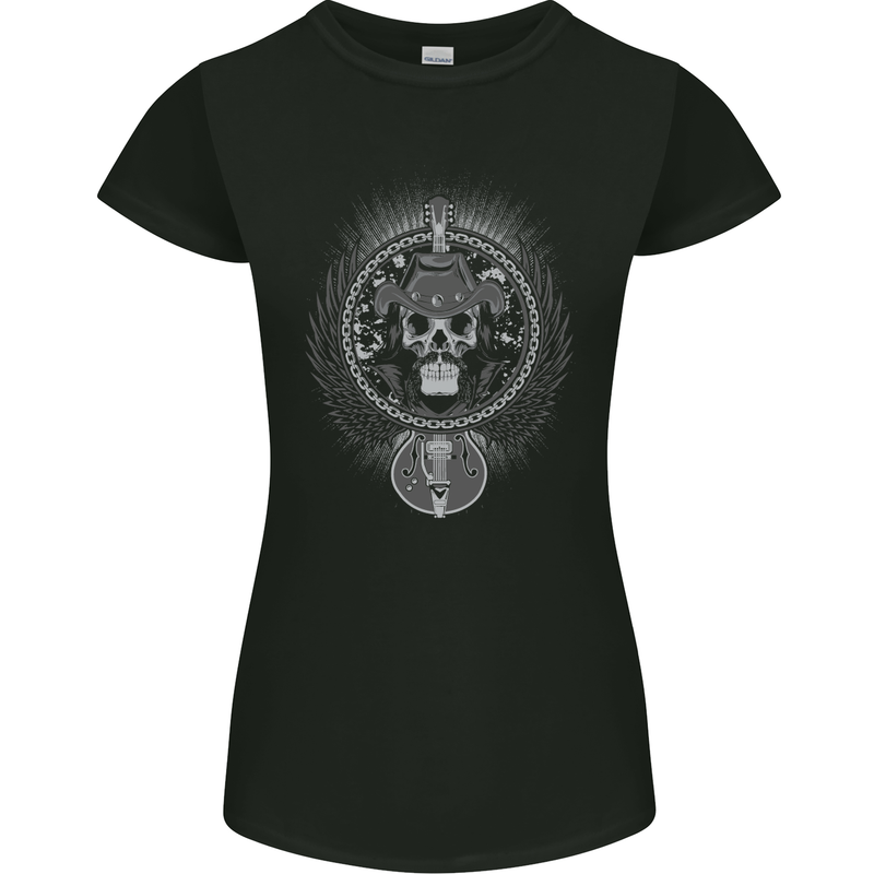 Cowboy Rock Skull Guitar Country Music Womens Petite Cut T-Shirt Black