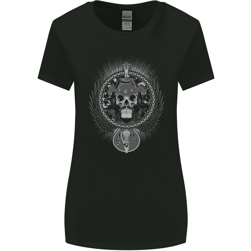 Cowboy Rock Skull Guitar Country Music Womens Wider Cut T-Shirt Black