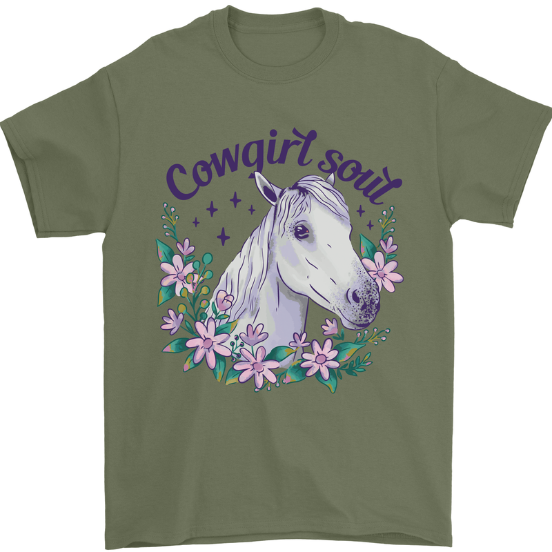 Cowgirl Soul Equestrian Horse Mens T-Shirt 100% Cotton Military Green