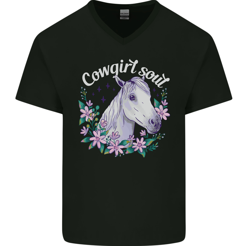 Cowgirl Soul Equestrian Horses Mens V-Neck Cotton T-Shirt Black