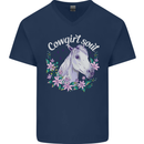 Cowgirl Soul Equestrian Horses Mens V-Neck Cotton T-Shirt Navy Blue