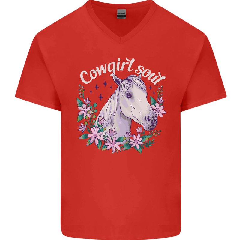 Cowgirl Soul Equestrian Horses Mens V-Neck Cotton T-Shirt Red