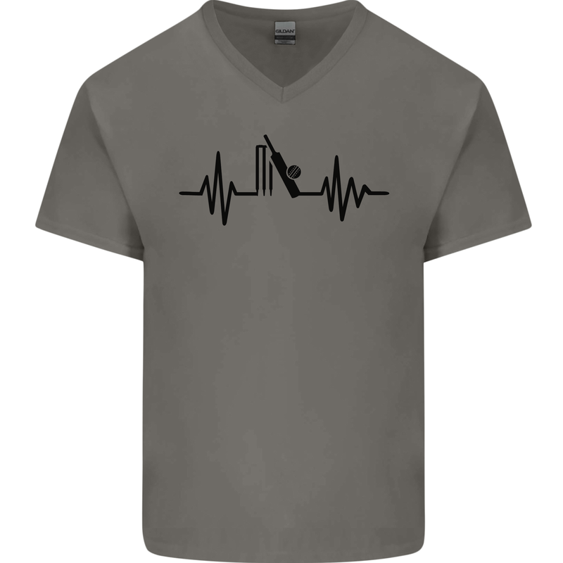 Cricket Pulse Cricketer Cricketing ECG Mens V-Neck Cotton T-Shirt Charcoal