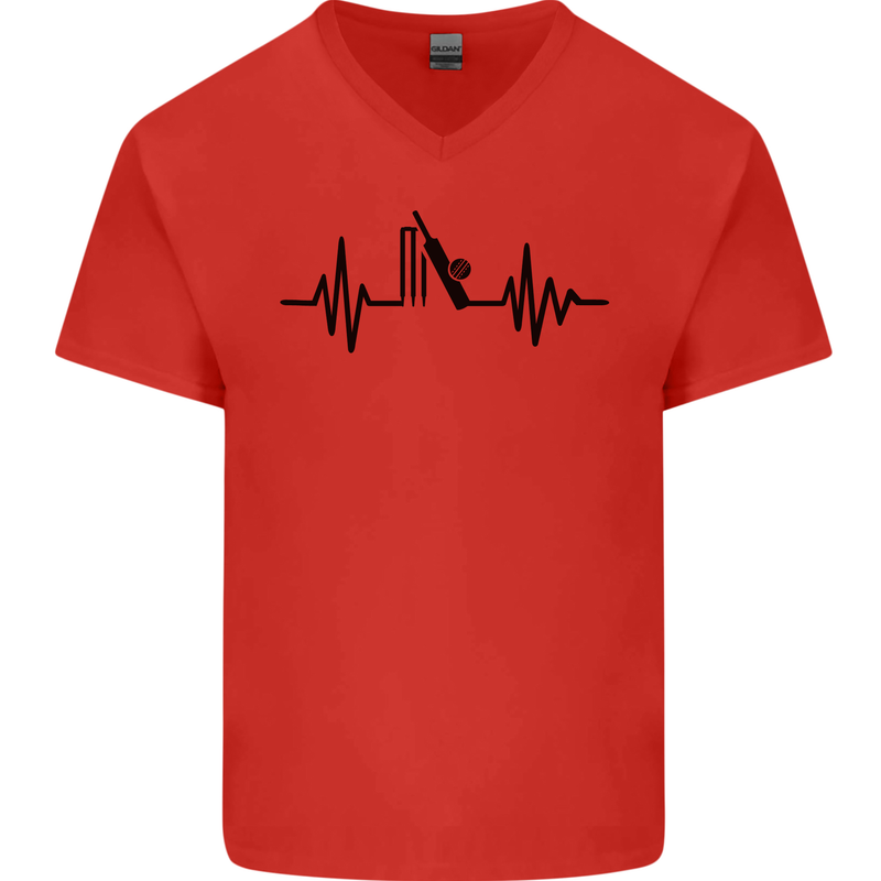 Cricket Pulse Cricketer Cricketing ECG Mens V-Neck Cotton T-Shirt Red