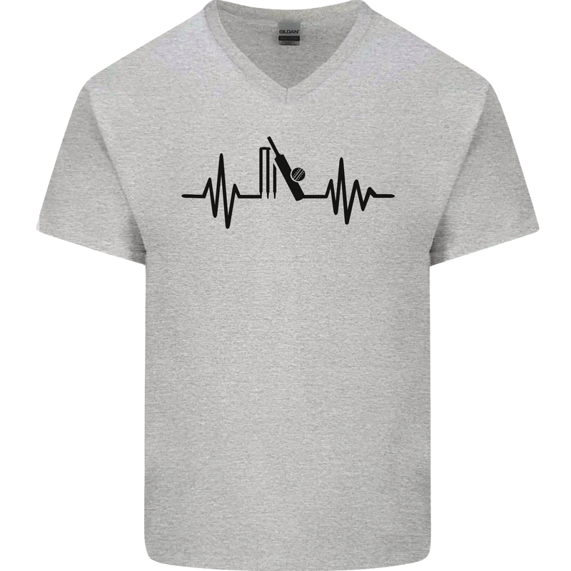 Cricket Pulse Cricketer Cricketing ECG Mens V-Neck Cotton T-Shirt Sports Grey