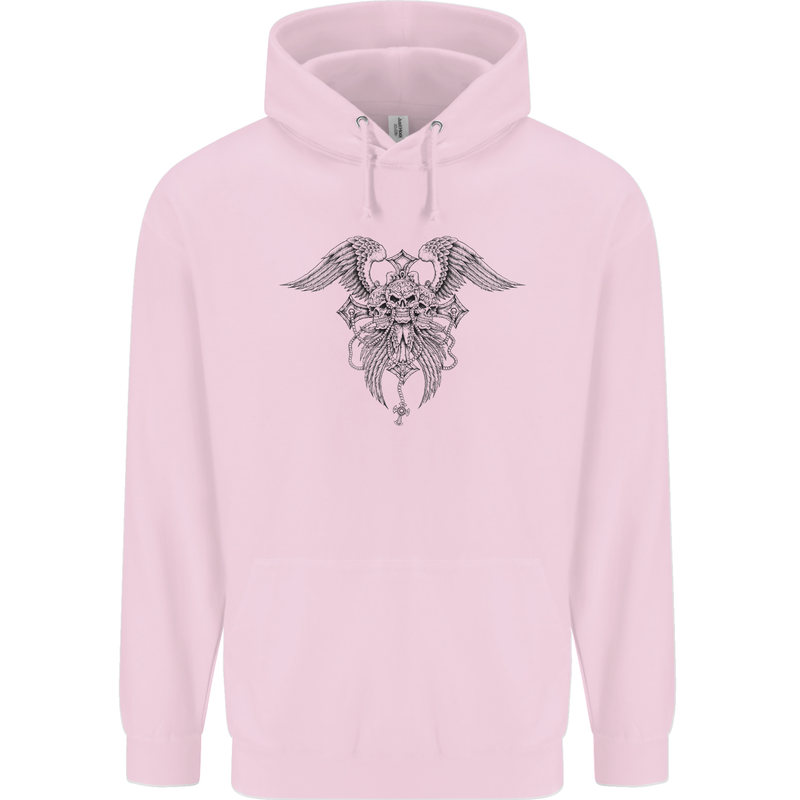 Cross Skull Wings Gothic Biker Heavy Metal Childrens Kids Hoodie Light Pink