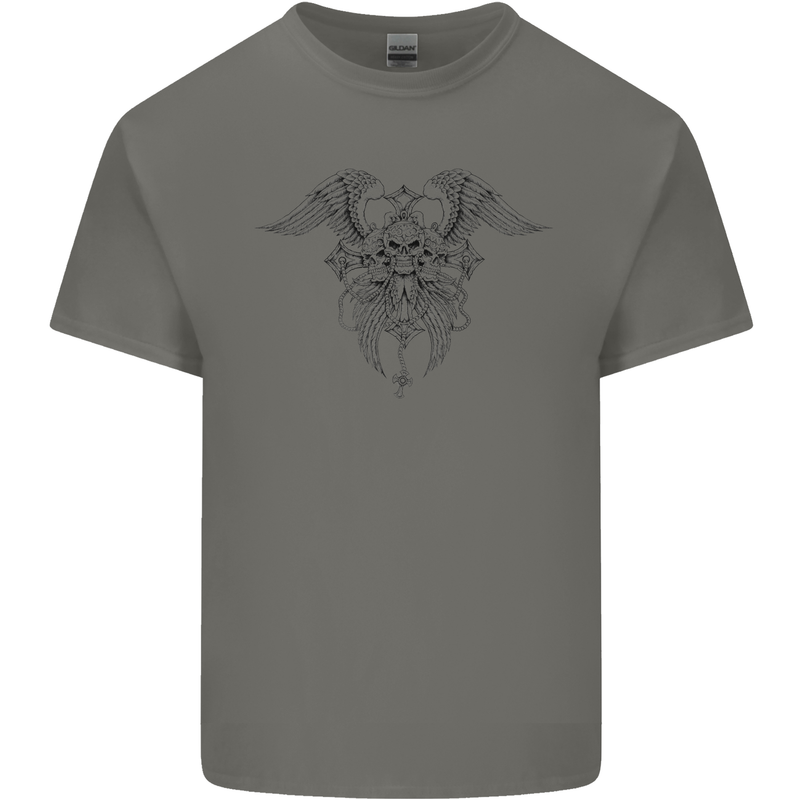 Cross Skull Wings Gothic Biker Heavy Metal Kids T-Shirt Childrens Charcoal
