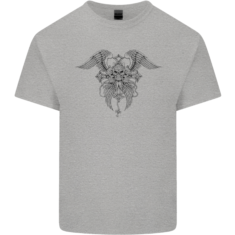 Cross Skull Wings Gothic Biker Heavy Metal Kids T-Shirt Childrens Sports Grey