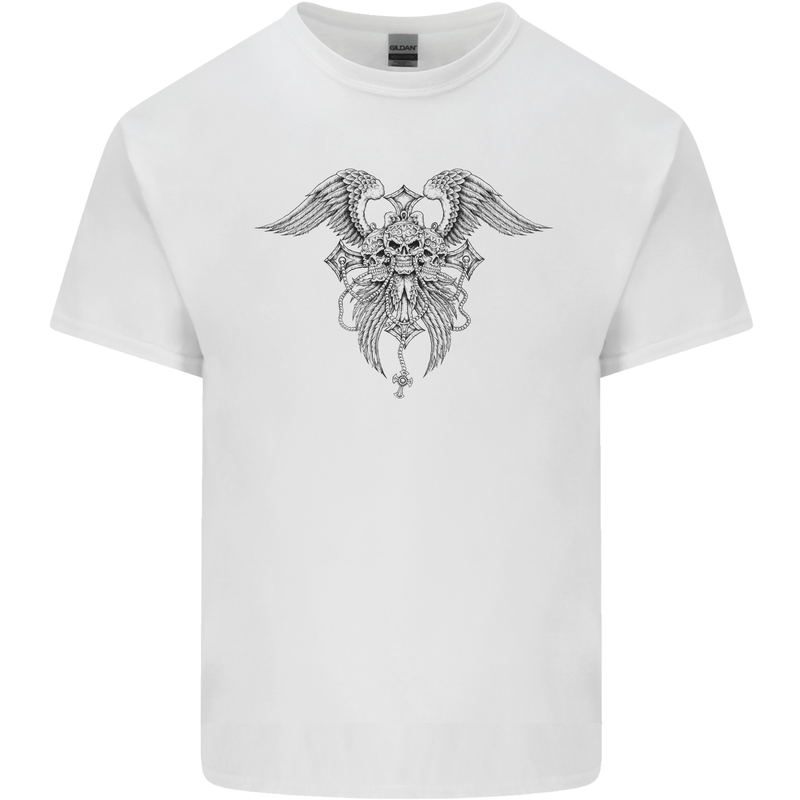 Cross Skull Wings Gothic Biker Heavy Metal Kids T-Shirt Childrens White