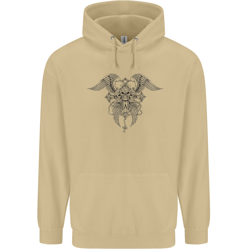 Cross Skull Wings Gothic Biker Heavy Metal Mens 80% Cotton Hoodie Sand