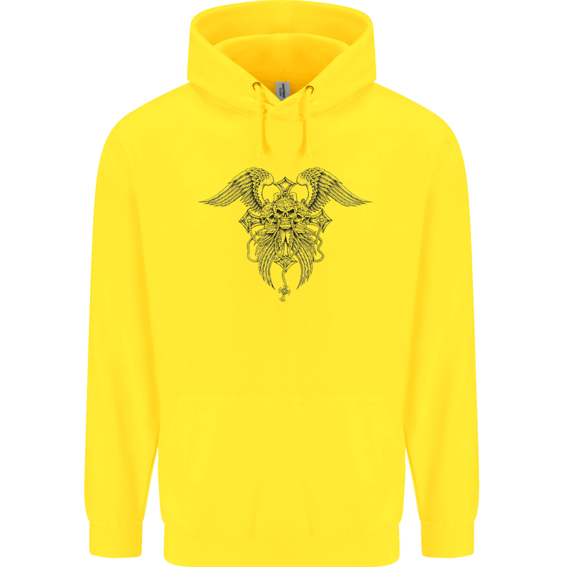 Cross Skull Wings Gothic Biker Heavy Metal Mens 80% Cotton Hoodie Yellow
