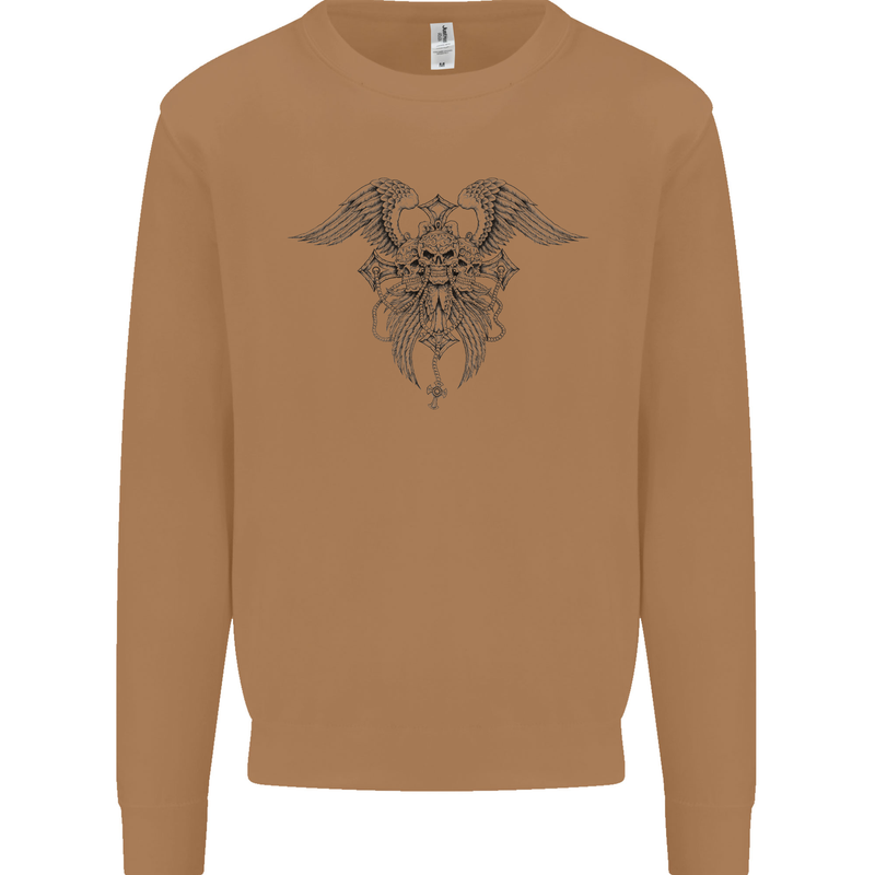 Cross Skull Wings Gothic Biker Heavy Metal Mens Sweatshirt Jumper Caramel Latte