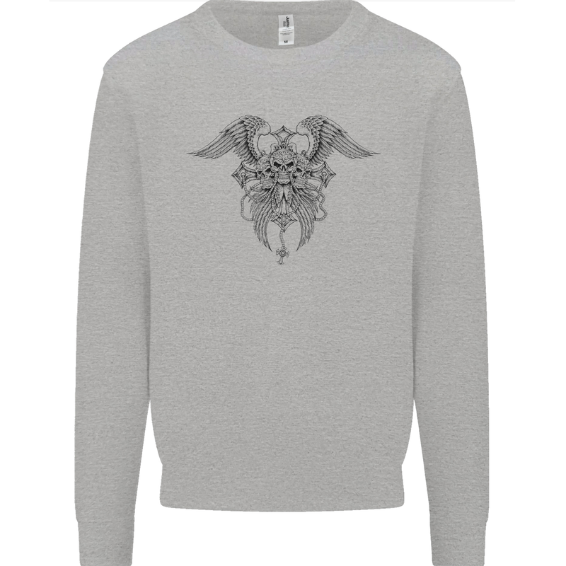 Cross Skull Wings Gothic Biker Heavy Metal Mens Sweatshirt Jumper Sports Grey