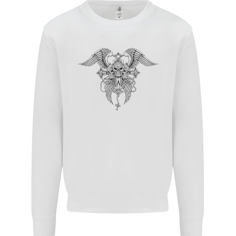 Cross Skull Wings Gothic Biker Heavy Metal Mens Sweatshirt Jumper White