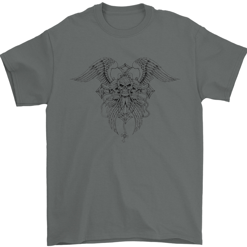 Cross Skull Wings Gothic Biker Heavy Metal Mens T-Shirt Cotton Gildan Charcoal