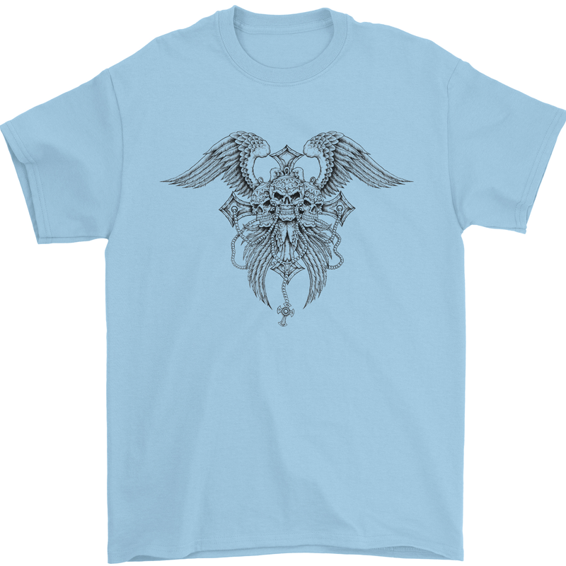 Cross Skull Wings Gothic Biker Heavy Metal Mens T-Shirt Cotton Gildan Light Blue