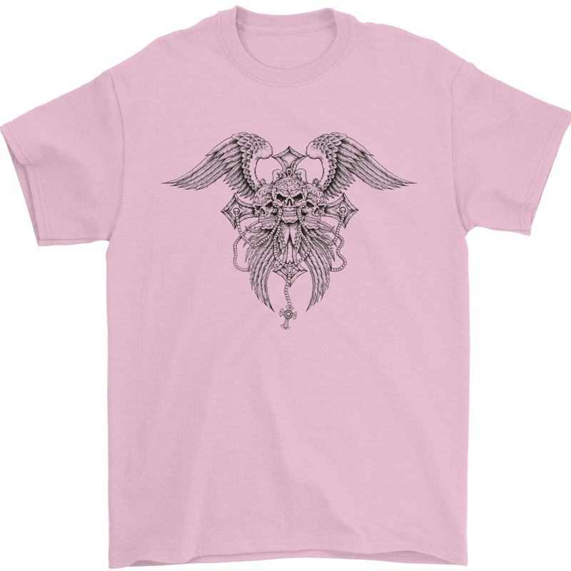 Cross Skull Wings Gothic Biker Heavy Metal Mens T-Shirt Cotton Gildan Light Pink