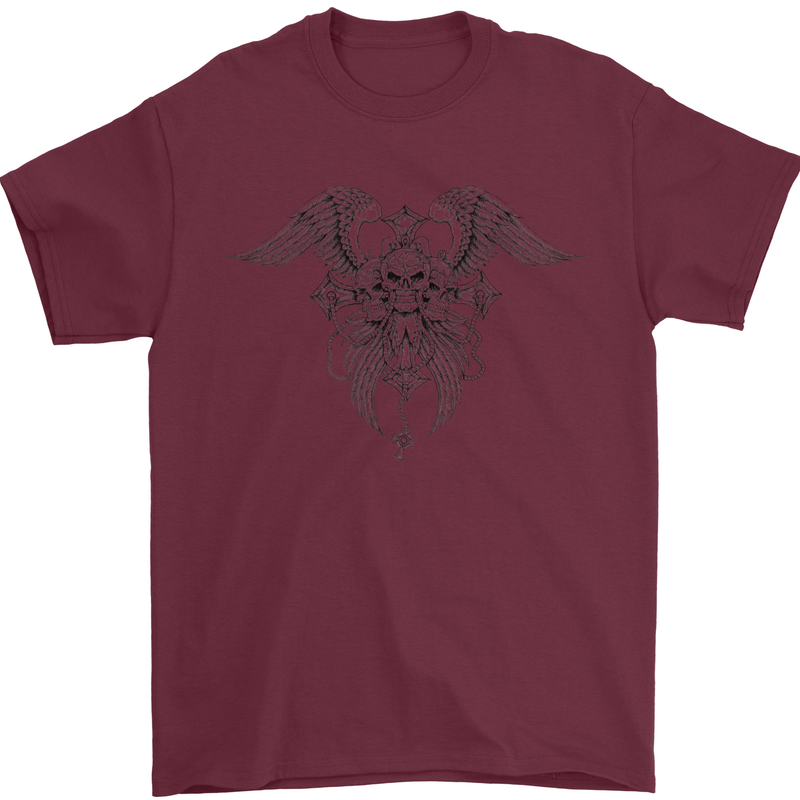 Cross Skull Wings Gothic Biker Heavy Metal Mens T-Shirt Cotton Gildan Maroon