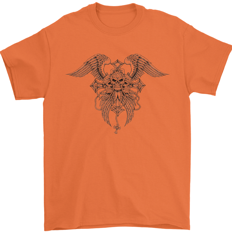 Cross Skull Wings Gothic Biker Heavy Metal Mens T-Shirt Cotton Gildan Orange