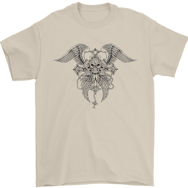 Cross Skull Wings Gothic Biker Heavy Metal Mens T-Shirt Cotton Gildan Sand