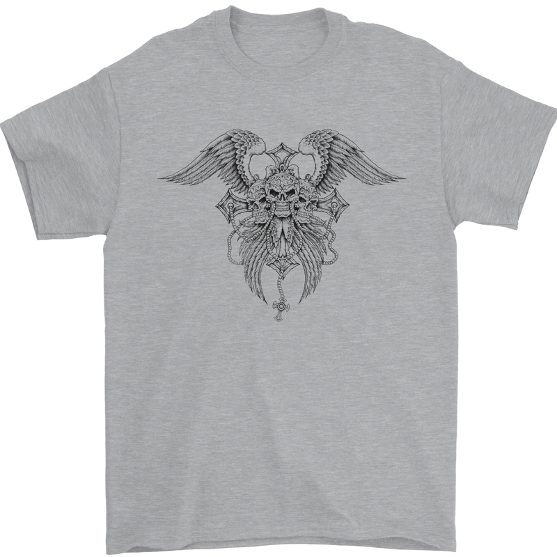 Cross Skull Wings Gothic Biker Heavy Metal Mens T-Shirt Cotton Gildan Sports Grey