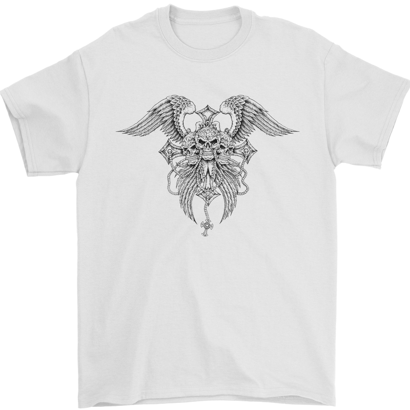 Cross Skull Wings Gothic Biker Heavy Metal Mens T-Shirt Cotton Gildan White