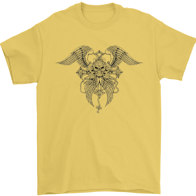 Cross Skull Wings Gothic Biker Heavy Metal Mens T-Shirt Cotton Gildan Yellow